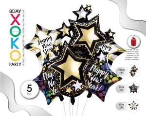SET GLOBO MYLAR HAPPY NEW YEAR ESTRELLA 5PC