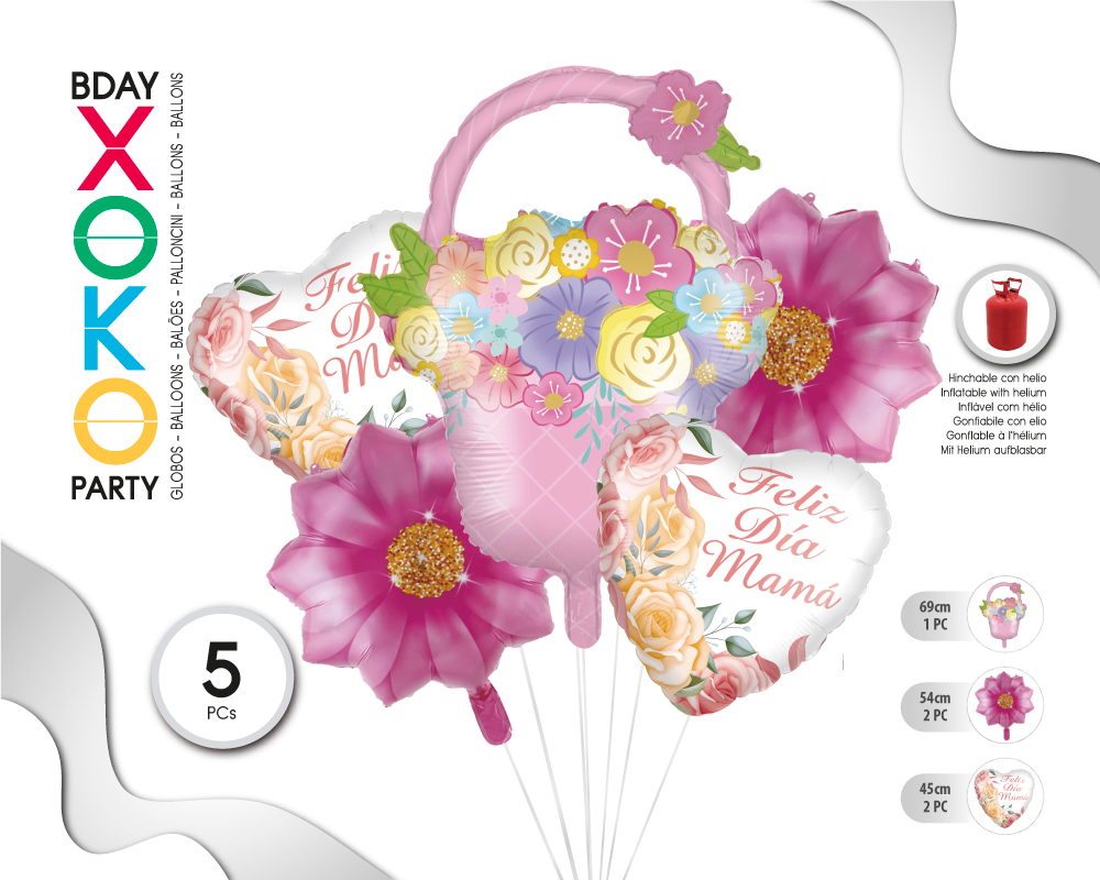 SET GLOBO MYLAR 5PC MADRE CESTA ROSA