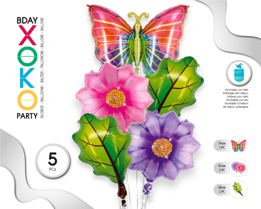 SET GLOBO MYLAR 5PC MARIPOSA FLOR