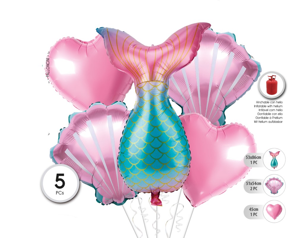SET GLOBO MYLAR SIRENA 5PC (SIN HELIO)