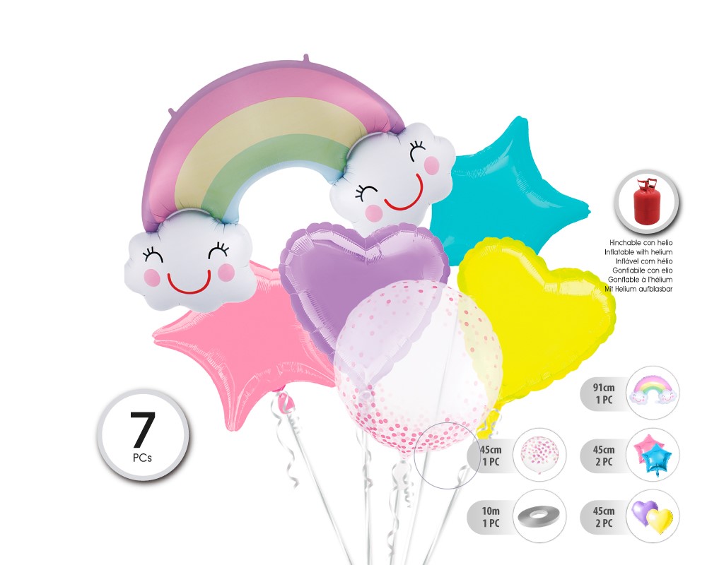 SET GLOBO MYLAR BUBBLE ARCO IRIS 6PC (SIN HELIO)