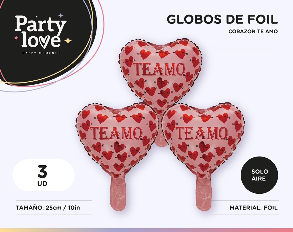GLOBO FOIL TE AMO CORAZONES 10" 3 UDS SOLO AIRE
