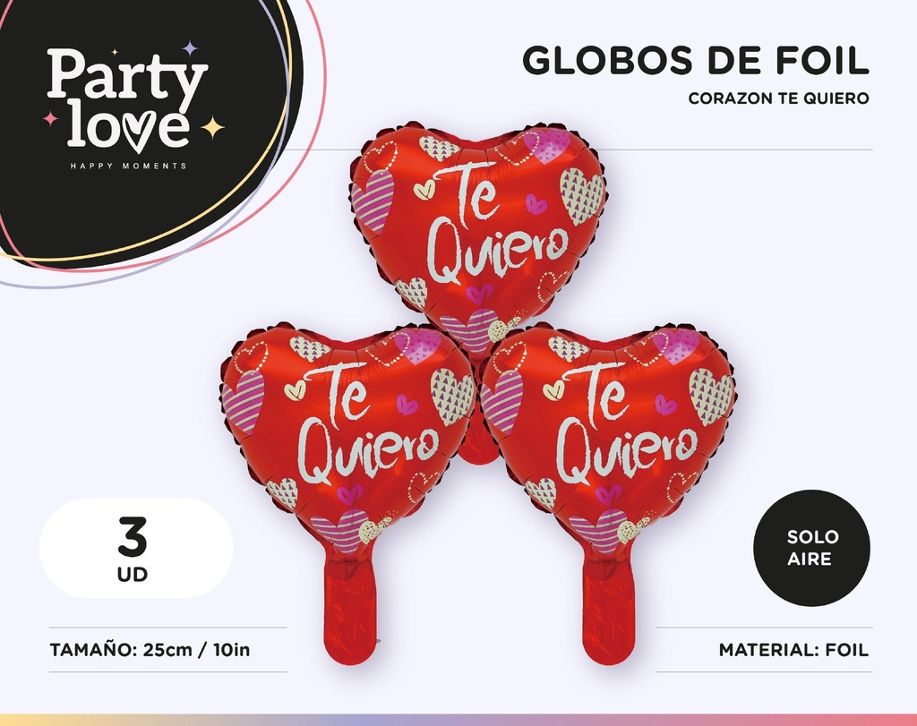 GLOBO FOIL TE QUIERO CORAZONES 10" 3 UDS SOLO AIRE
