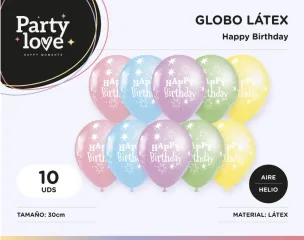 [1844] GLOBO LATEX H.BIRTHDAY 10 UND SURT.PASTEL