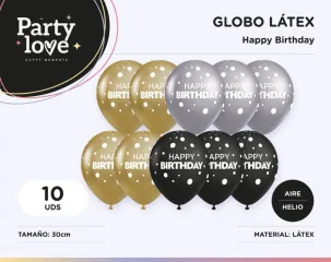 [1845] GLOBO LATEX  H.BIRTHDAY 10 UND ORO-NEGRO Y PLATA.