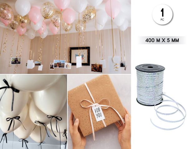 CINTA DECORATIVA GLOBOS 400M*5MM LASER PLATA