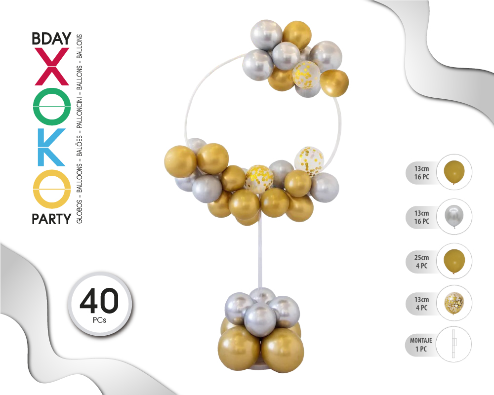 SOPORTE CIRCULAR GLOBOS ORO/PTA 40PC