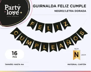 GUIRNALDA FELIZ CUMPLEAÑOS NEGRO/ORO LETRAS