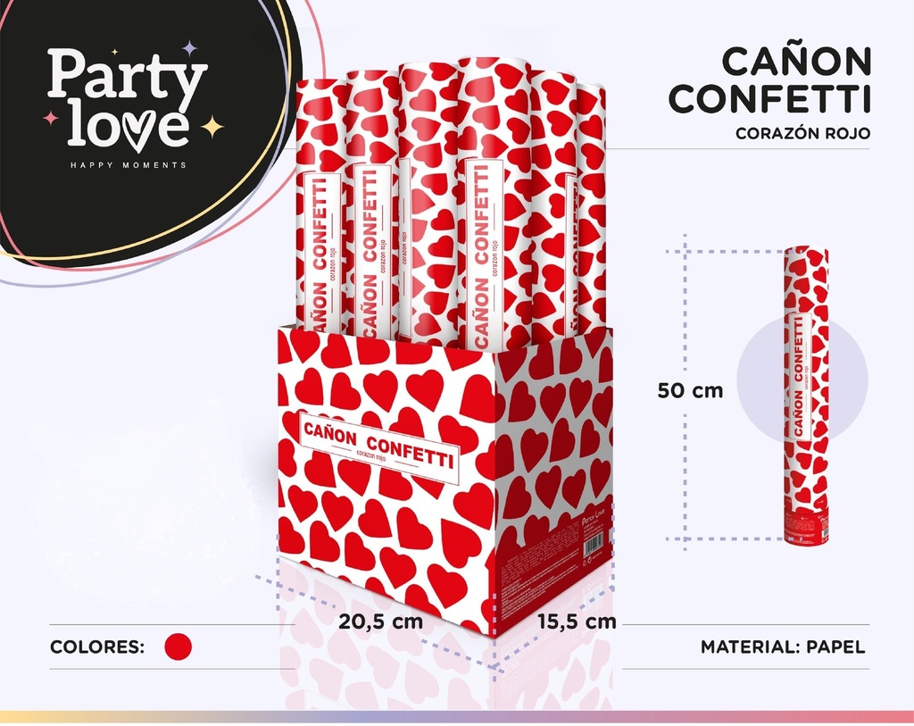 CAÑON CONFETI CORAZON ROJO 50CM