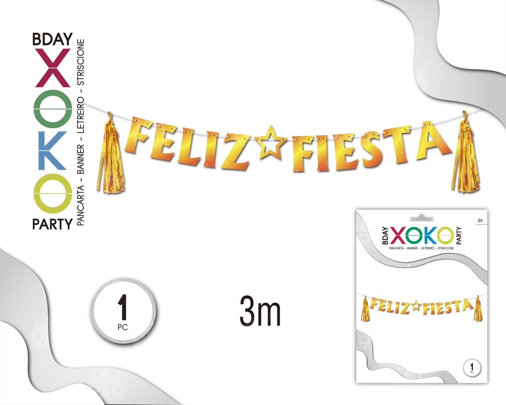 BANNER FELIZ FOIL ORO POMPONES