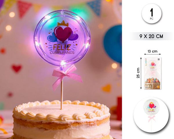TOPPER FELIZ C LUZ CORAZON 9*20CM