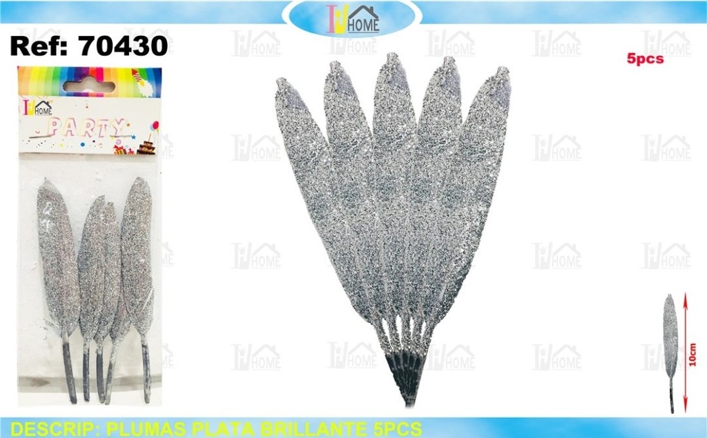 PLUMAS PLATA BRILLENTE 10CM 5PCS