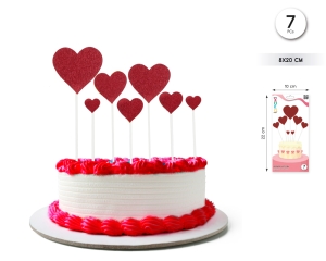 TOPPER TARTA CORAZONES GLITTER ROJOS 7PCS