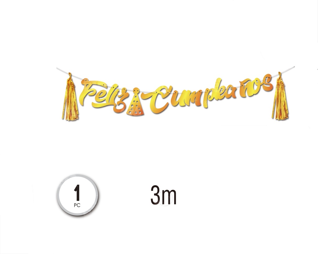 BANNER FELIZ C ORO FOIL POMPONES