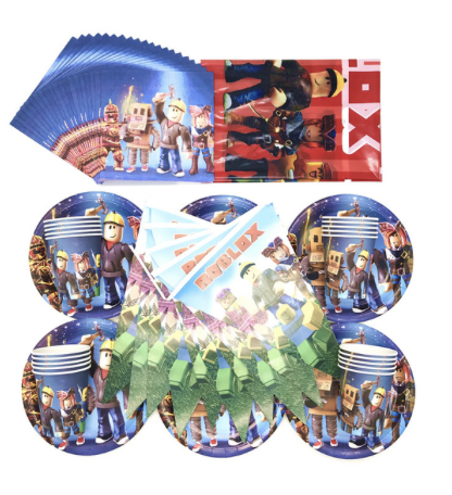 set roblox 10 u vasos y platos + mantel + banderines + 20 servilletas