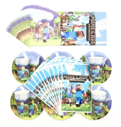 set minecraft 10 u vasos, platos y bolsas piñata + mantel  + 20 servilletas