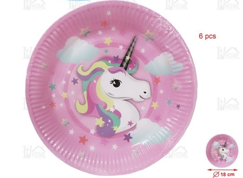 PLATO CARTON UNICORNIO ROSA 18CM 6PCS