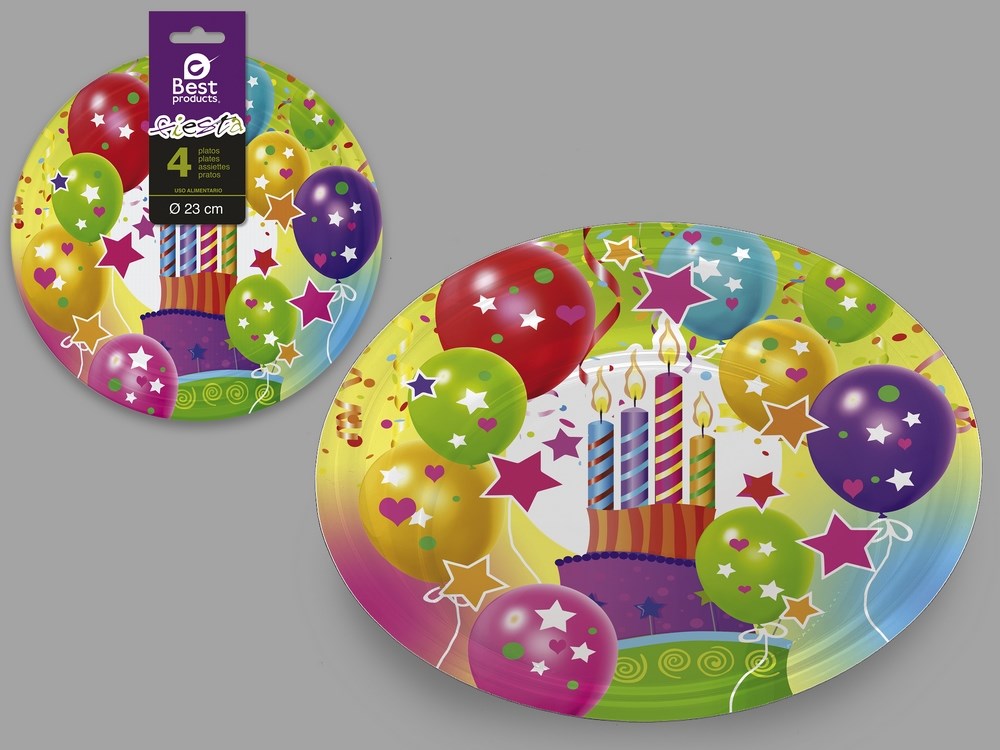 S/4 PLATO LLANO DISEÑO VELAS Y GLOBOS 23 CM