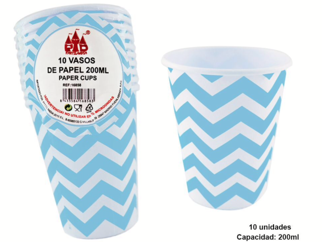 [16860] VASOS DE PAPEL ZIGZAG 200ML 10PC AZUL