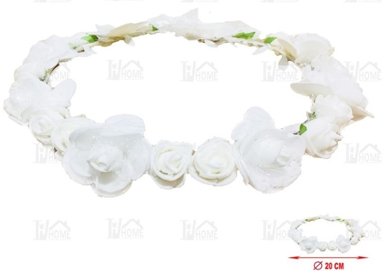 [70991] CORONA DE 24 FLORES CON LAZO 20CM BLANCO